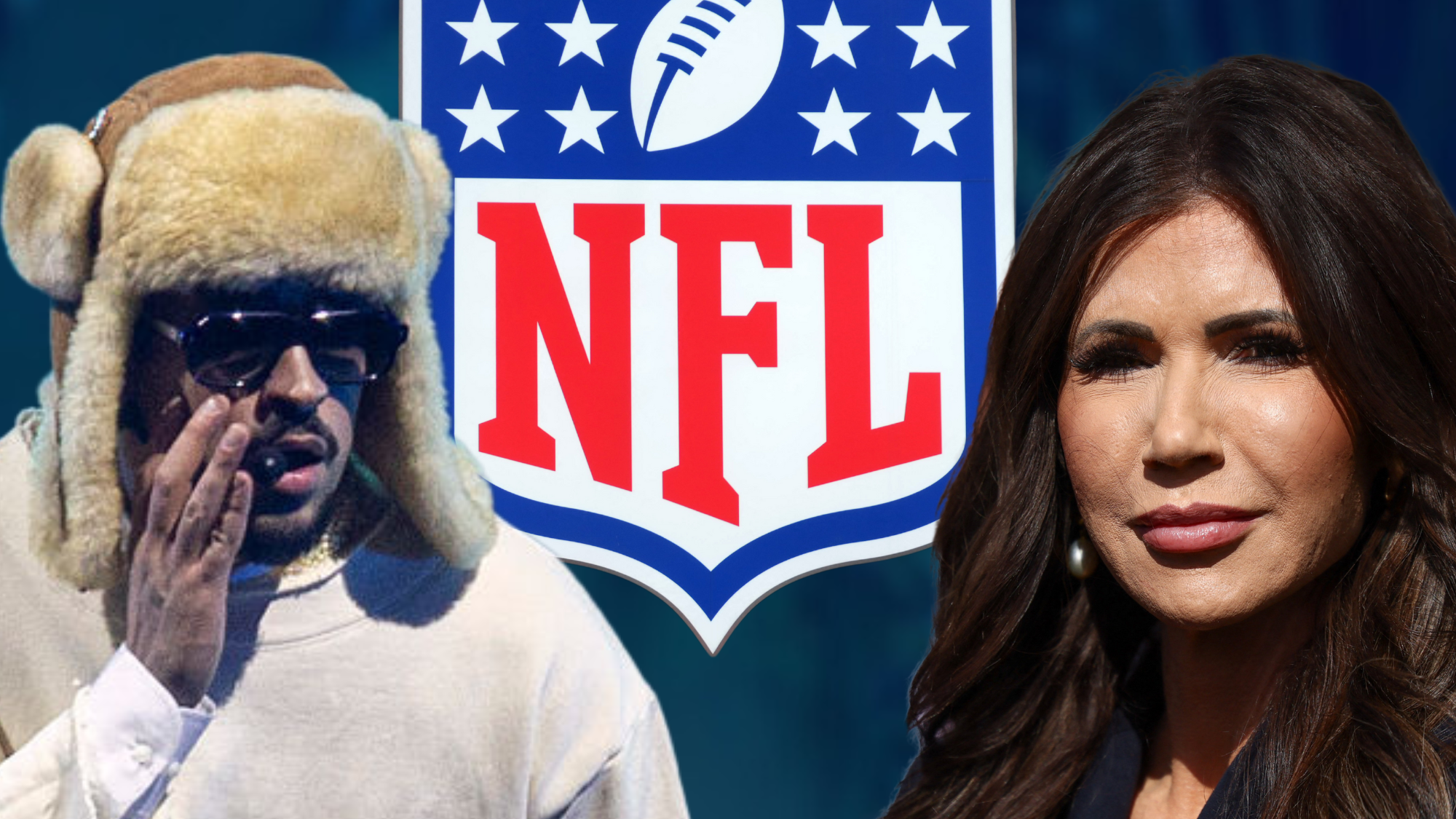 Una imagen compuesta en la que aparecen el rapero puertorriqueño Bad Bunny y la secretaria de seguridad nacional de EE.UU. Kristi Noem