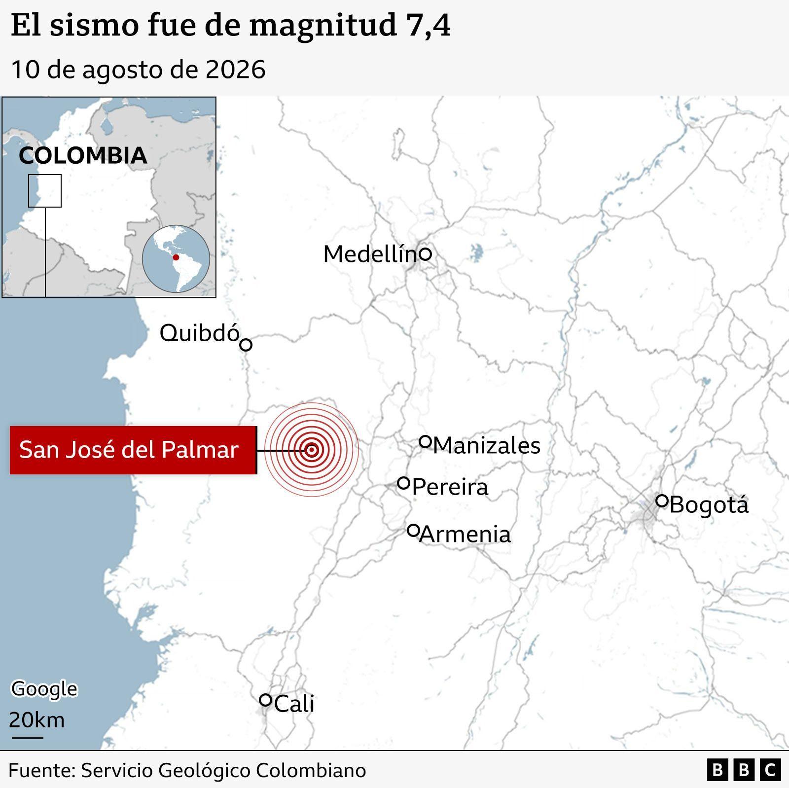 Mapa de Colombia que indica la ubicación del municipio de San José del Palmar, sitio del epicentro, y varias ciudades afectadas