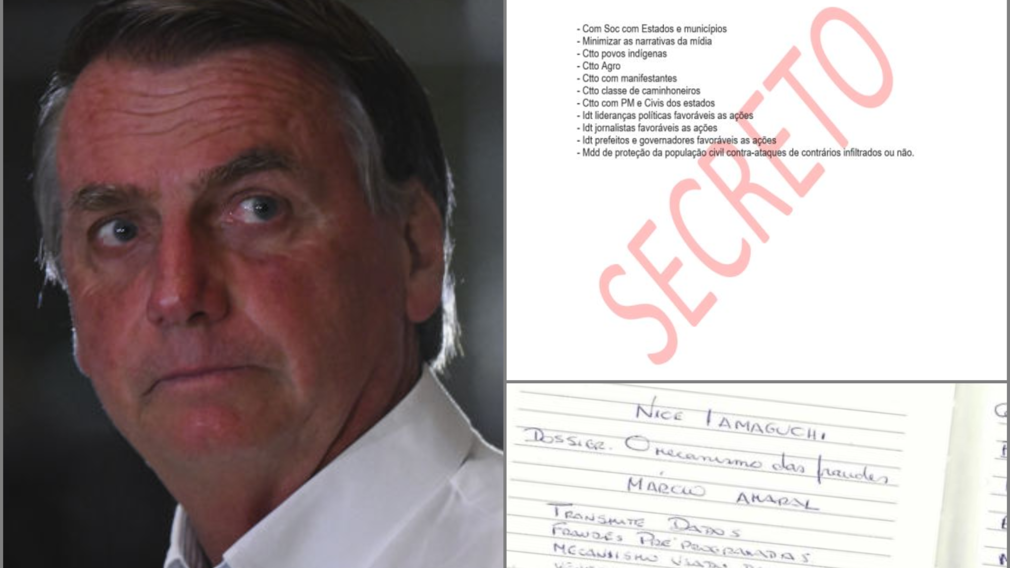 Colagem com foto de Bolsonaro, com olhar preocupado; e dois documentos, um digital e outro manuscrito