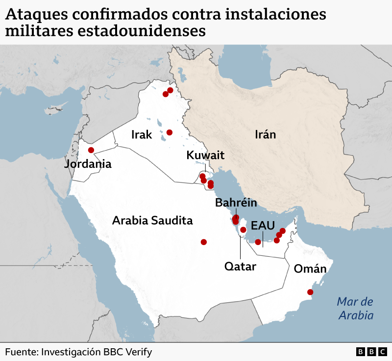 Mapa que muestra las distintas bases de EE.UU. en Medio Oriente que han sido atacadas por Irán