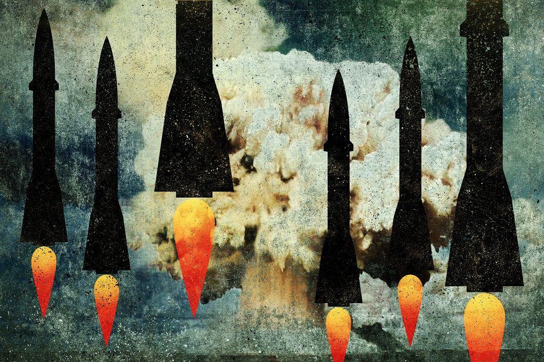Ilustração mostra ogivas nucleares e explosão atrás