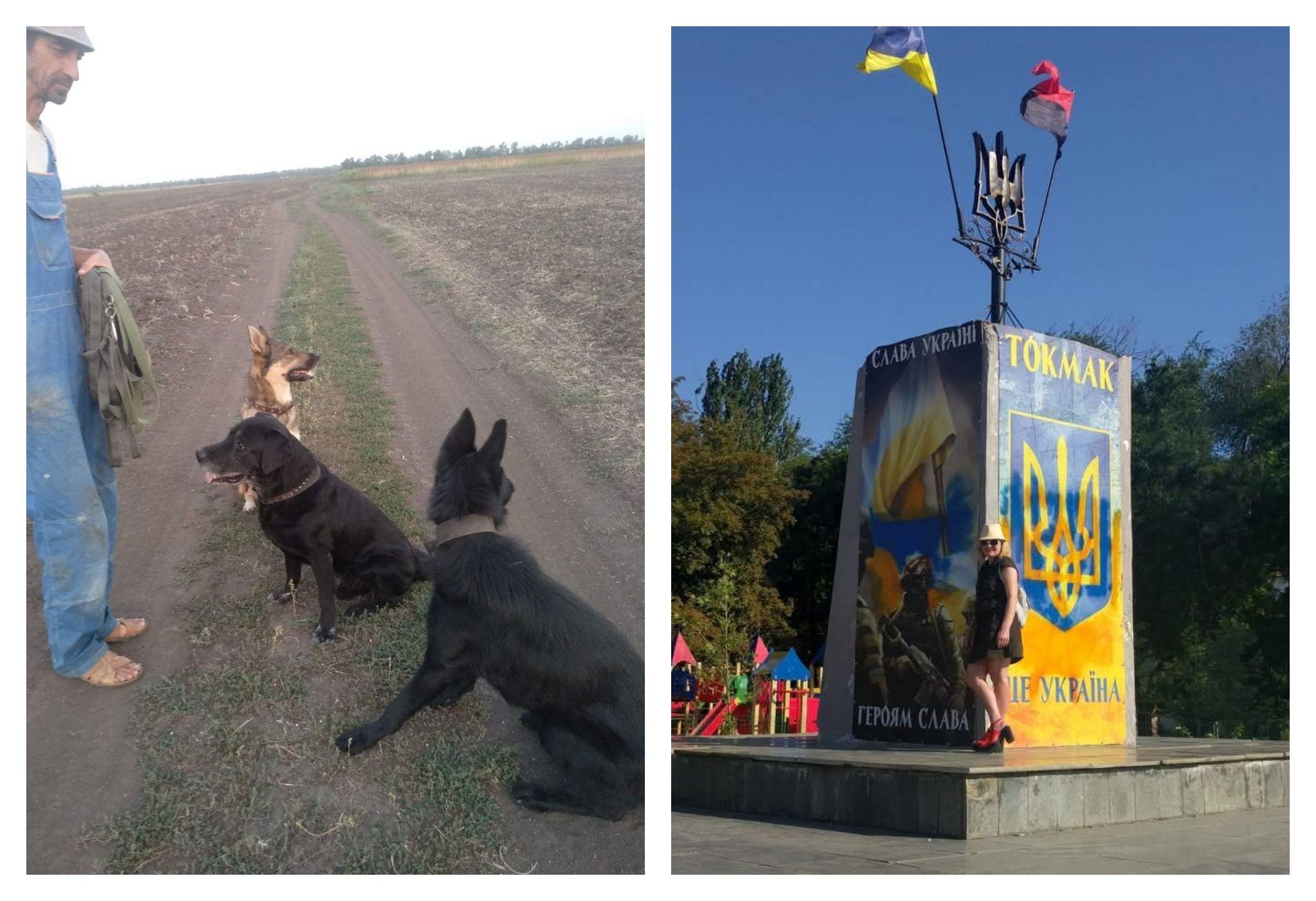 Hay dos fotos. En una, Sergei está en el campo con tres perros. En la otra, Tatiana está de pie frente a un monumento decorado en azul y amarillo (los colores de la bandera ucraniana) con la inscripción "Gloria a Ucrania".