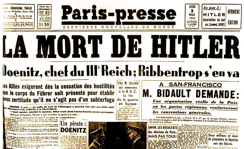 Primera página del Paris-Presse del 3 de mayo de 1945