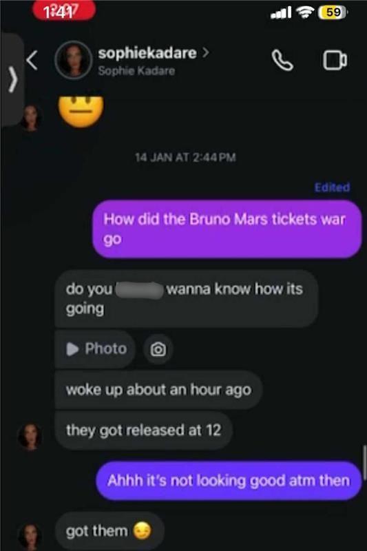 Captura de pantalla de una conversación en redes sociales sobre la compra de entradas para Bruno Mars.