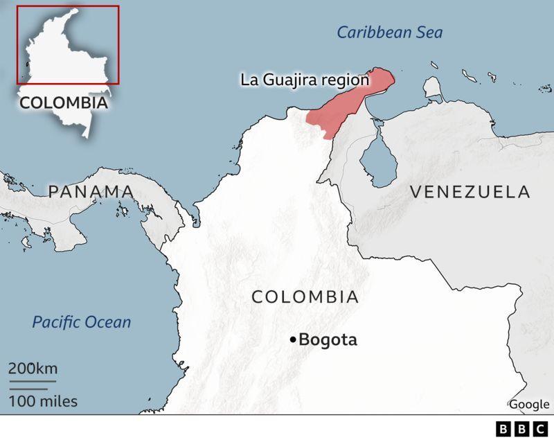 Mapa do noroeste da Am&eacute;rica do Sul mostrando a regi&atilde;o de La Guajira, na Col&ocirc;mbia