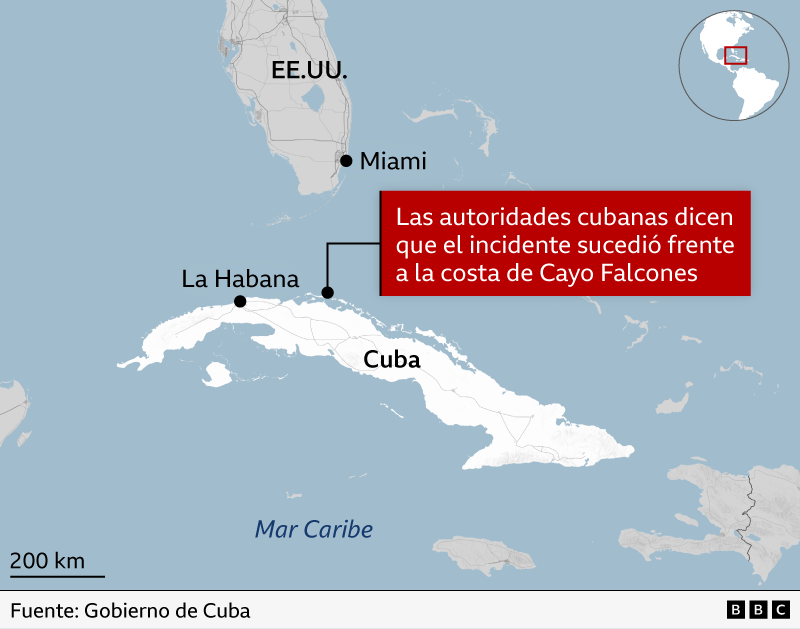 Mapa en el que se ve el territorio de Cuba en blanco y parte de Estados Unidos en gris. Hay un recuadro rojo en el que se señala en que lugar ocurrió el incidente
