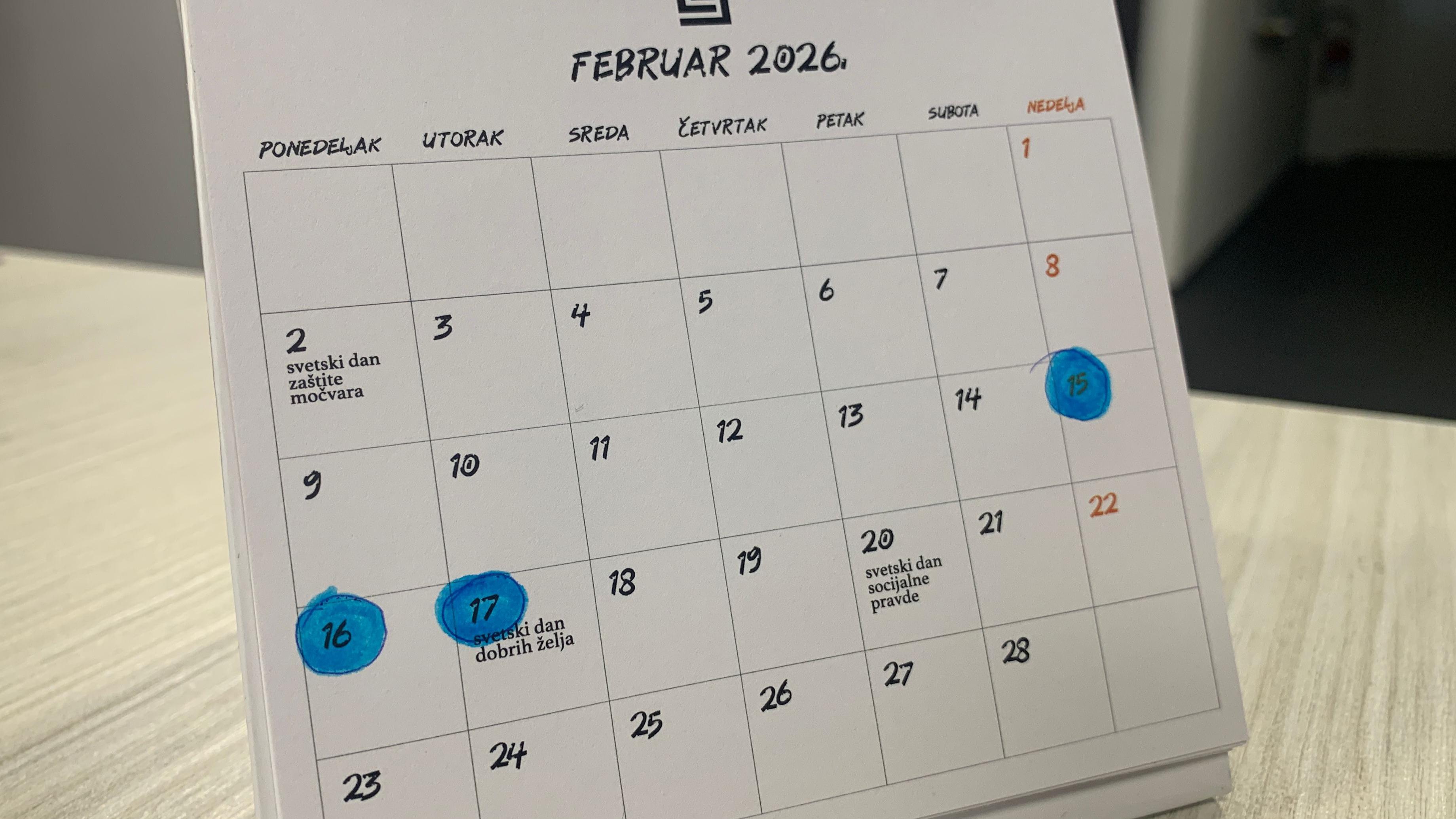 Plavom bojom označeni slobodni dani u Srbiji u februaru 2026.