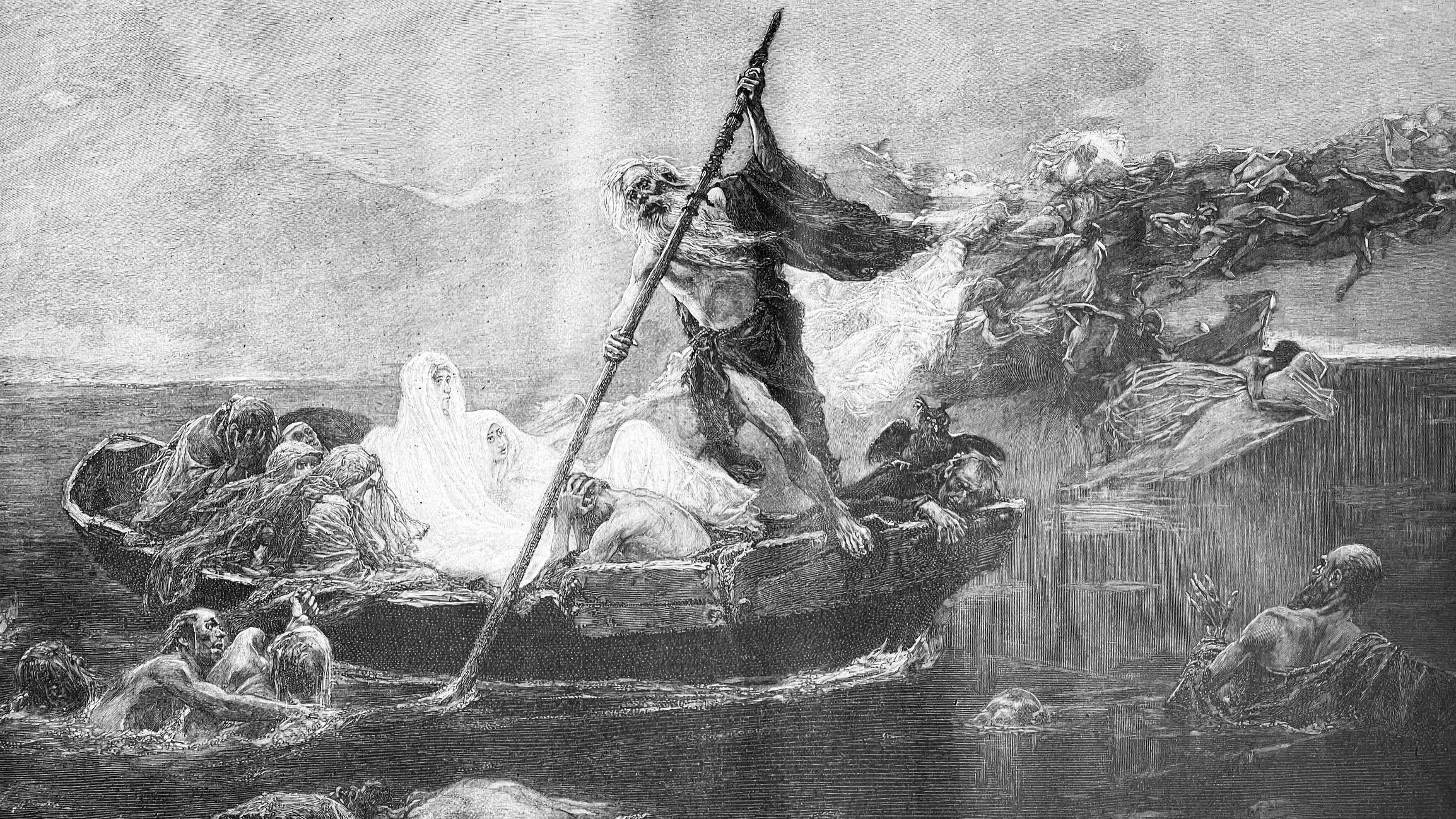 Ilustración del remero del Hades, Caronte, trasladando las almas de los muertos.