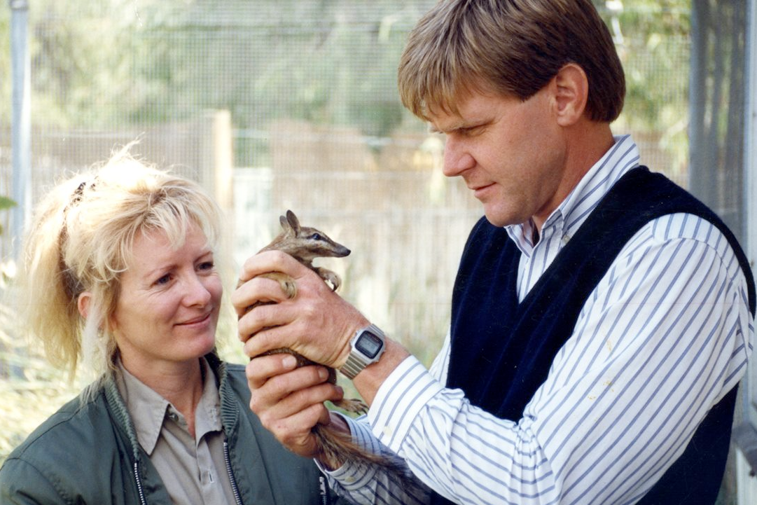 Vicki Power ao lado de Tony Friend, que segura um numbat nas m&atilde;os no zool&oacute;gico de Perth, na d&eacute;cada de 1980.