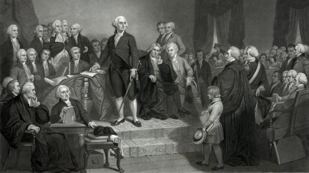Ilustra&ccedil;&atilde;o do primeiro presidente americano, George Washington, durante sua cerim&ocirc;nia de posse