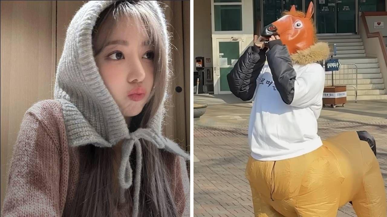 손수 뜨개질한 머리 스카프를 두른 사쿠라 사진(왼쪽). 말 의상을 입고 춤을 추는 카즈하 사진(오른쪽)