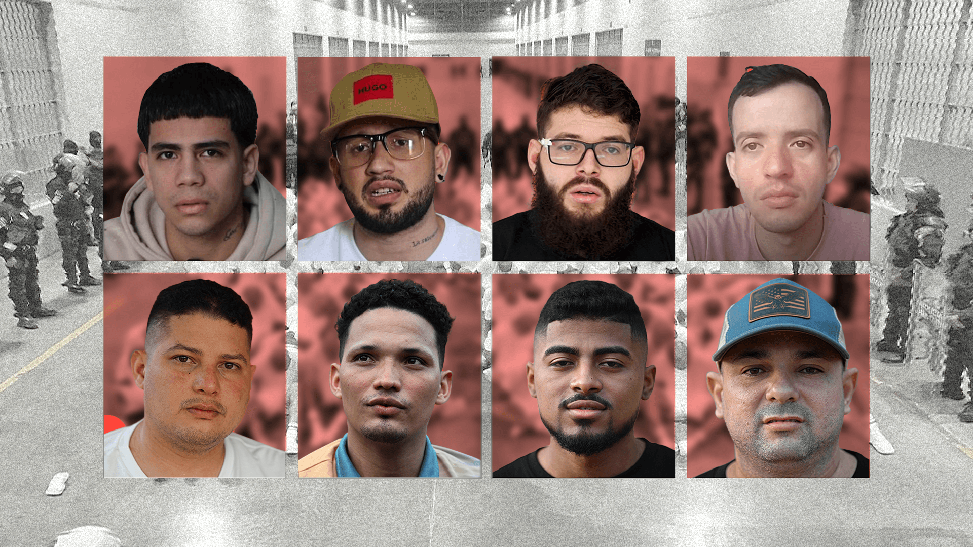 Fotos de Joén Suárez, Arturo Suárez, Wilken Flores y Andry Hernández en la fila superior, y Andy Perozo, Mervin Yamarte, Edwuar Hernández y Ringo Rincón en la inferior. Sus rostros están enmarcados en cuadrados rojos transparentes. 