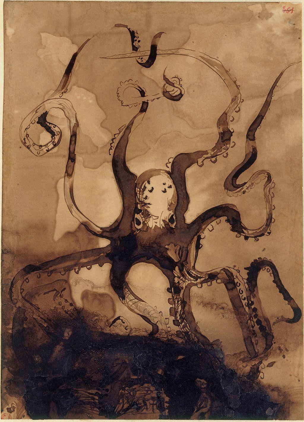 Pulpo pintado con tinta marrón y aguada y grafito sobre papel 
("Pulpo", 1866-69. Tinta marrón y aguada y grafito sobre papel, 24 x 20,7 cm.) 
