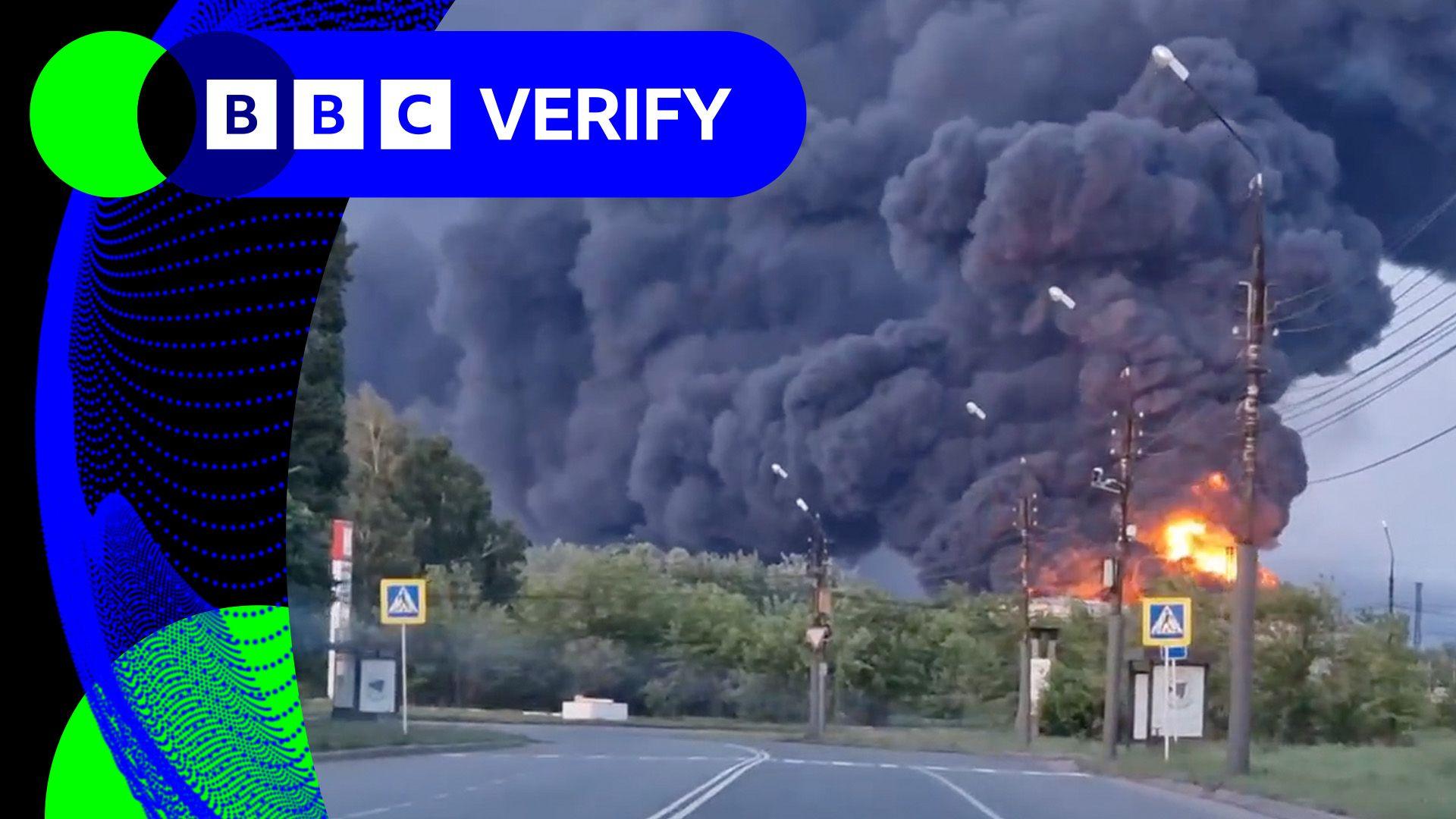 BBC Verify live: Analysing footage of Russian oil depot fire after claims of Ukraine strikes