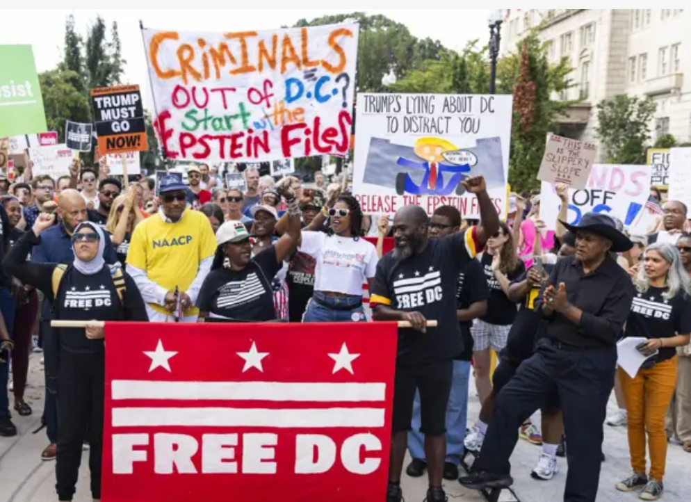 Manifestantes na rua com bandeira FREE DC