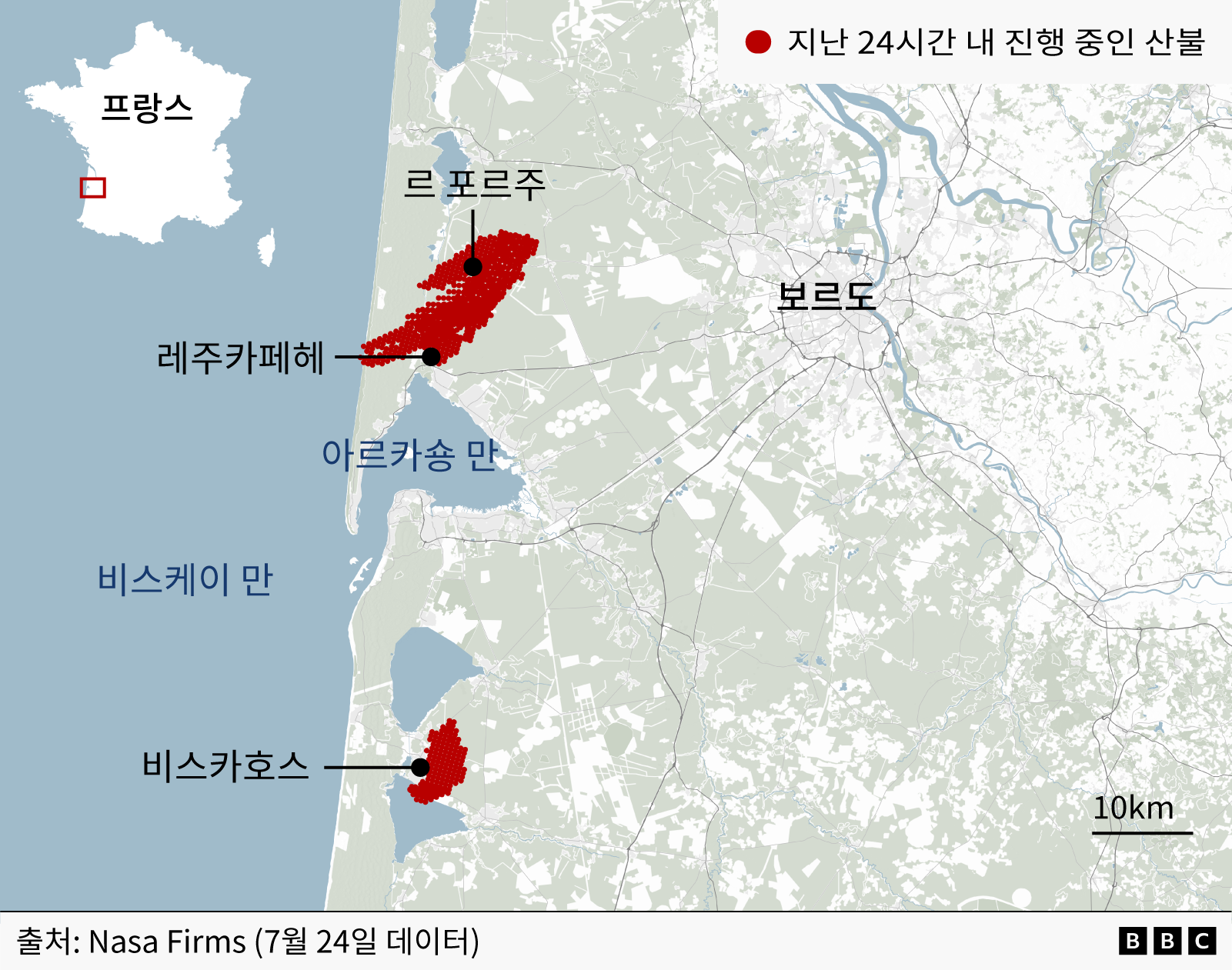 보르도 서쪽 르 포르주, 레주카페헤, 비스카호스 지역이 빨갛게 표시된 지도