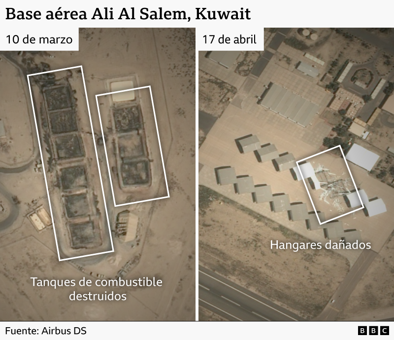Composición que muestra dos imágenes de la misma base de EE.UU. en Kuwait, antes y después de un ataque de Irán.