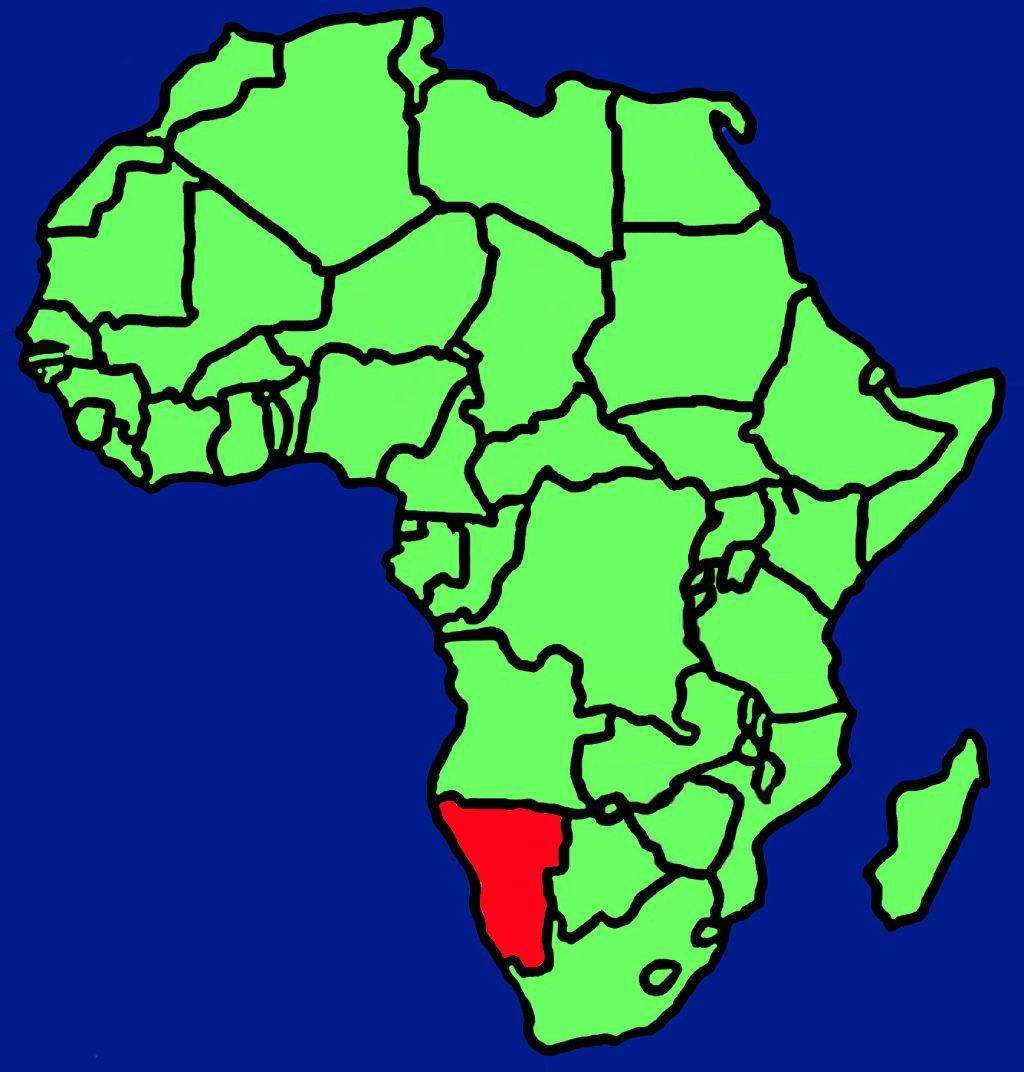 Mapa de África en verde con Namibia en rojo