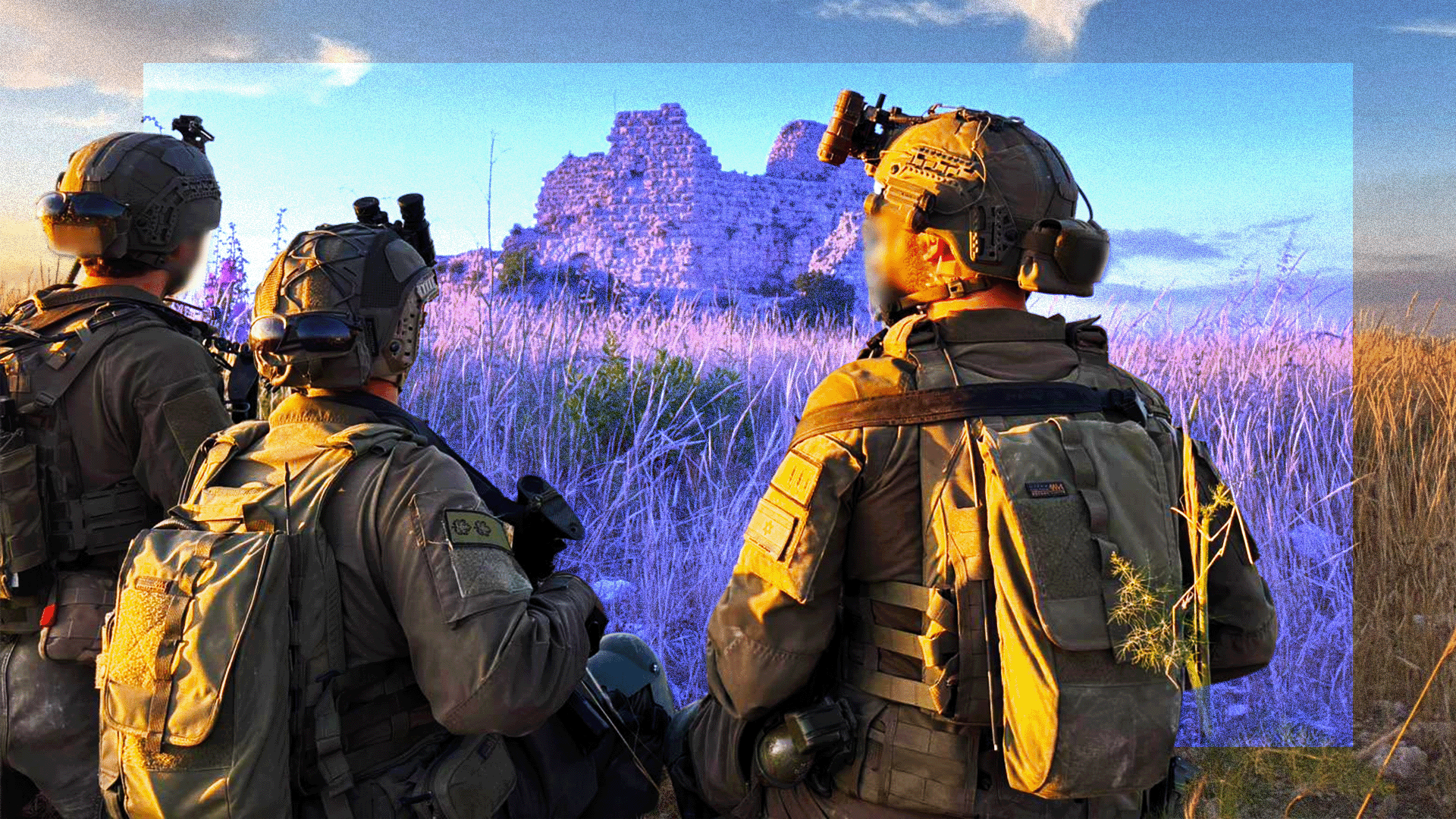 Una imagen estilizada muestra a tres miembros uniformados de las Fuerzas de Defensa de Israel que observan un altiplano cubierto de vegetación, donde se alzan las ruinas de la fortaleza medieval de Beaufort, situada en una colina en el sur del Líbano