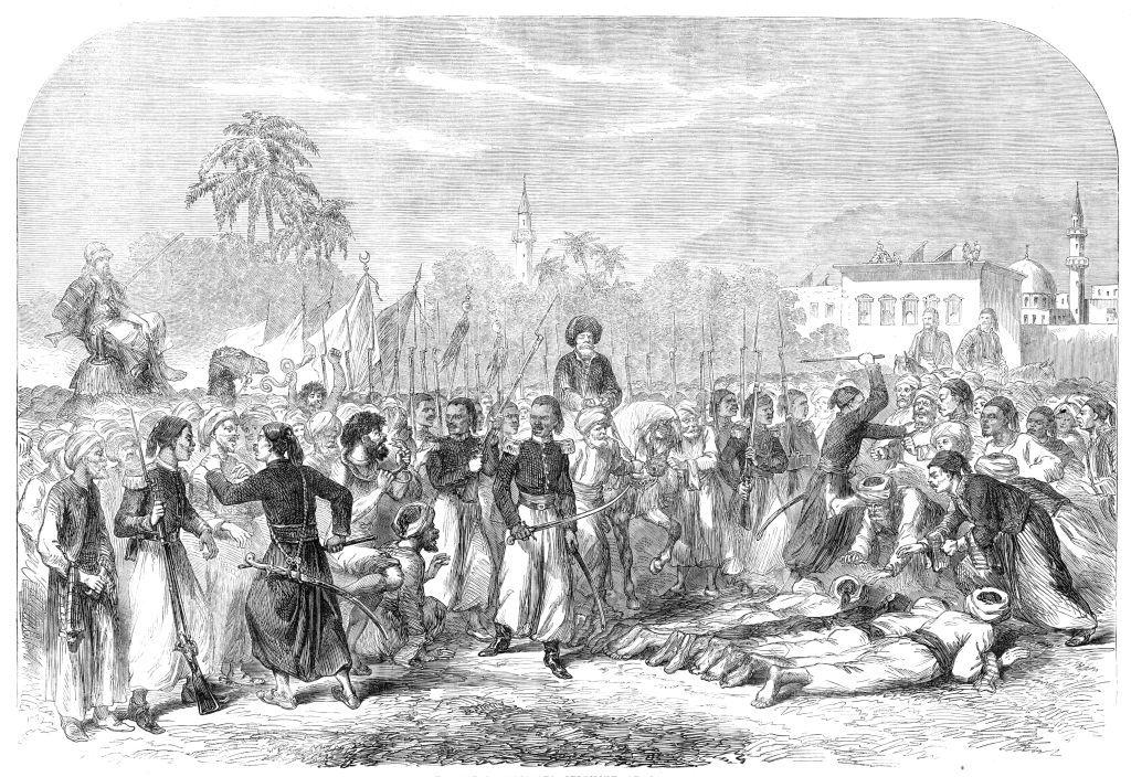 رسمة نُشرت في "أخبار لندن المصورة" عام 1861 توثق طقس "الدوسة" الذي اندثر، بعد سنوات من ممارسته خلال الاحتفال السنوي بالمولد النبوي في القاهرة في حضور الحرس الملكي والدين.