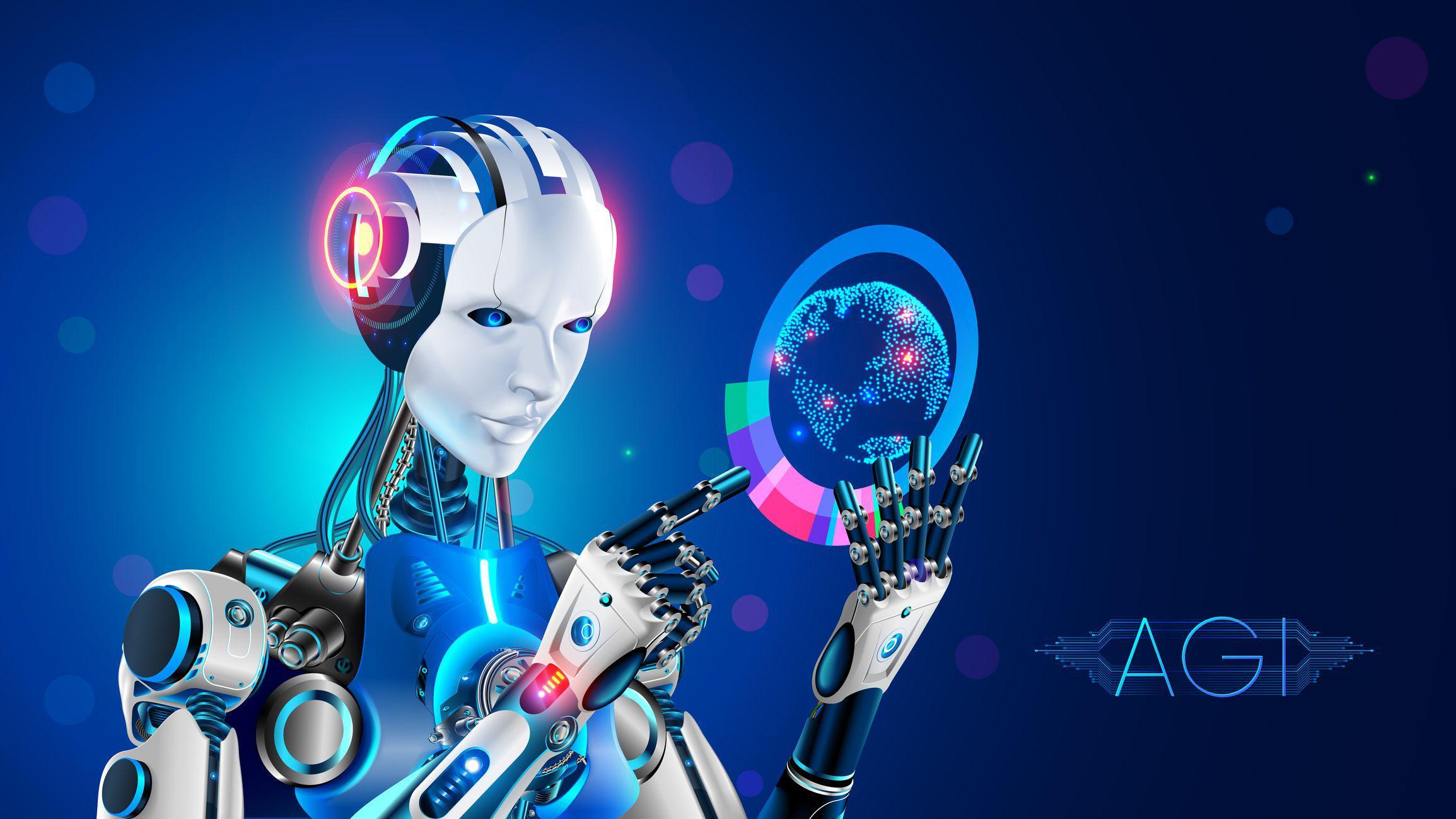 صورة توضيحية لروبوت على هيئة إنسان يمسك بيده جهاز عرض عليه صورة رقمية لكوكب الأرض