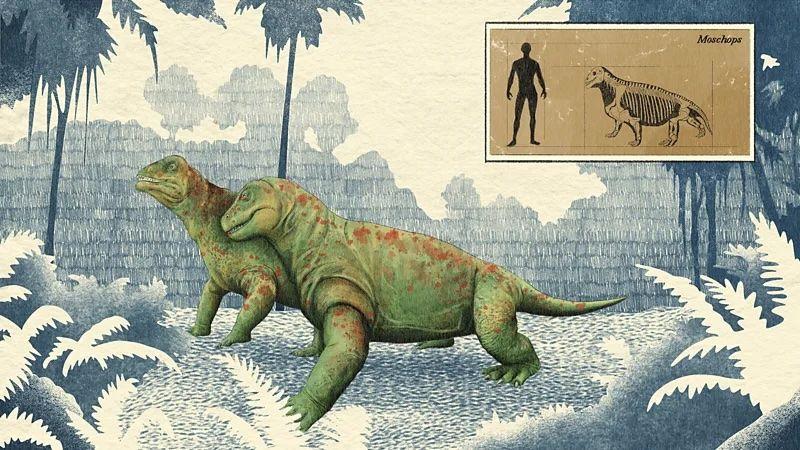 Una ilustración en la que se ven dos Moschops, lagartos cuadrúpedos verdes con manchas rojas, cuya altura llega al pecho de una persona.