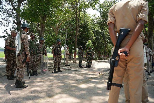 Police personnel watching everywhere during a 'Bihar Bandh' protest demanding the resignation of Union Education Minister Dharmendra Pradhan over alleged irregularities in the NEET examination, at Gandhi Maidan on July 25, 2026 in Patna, India.