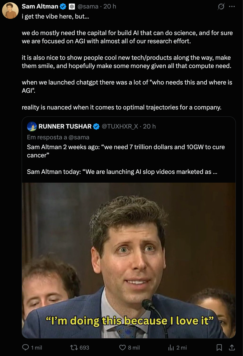 Captura de tela do X, no perfil de Sam Altman