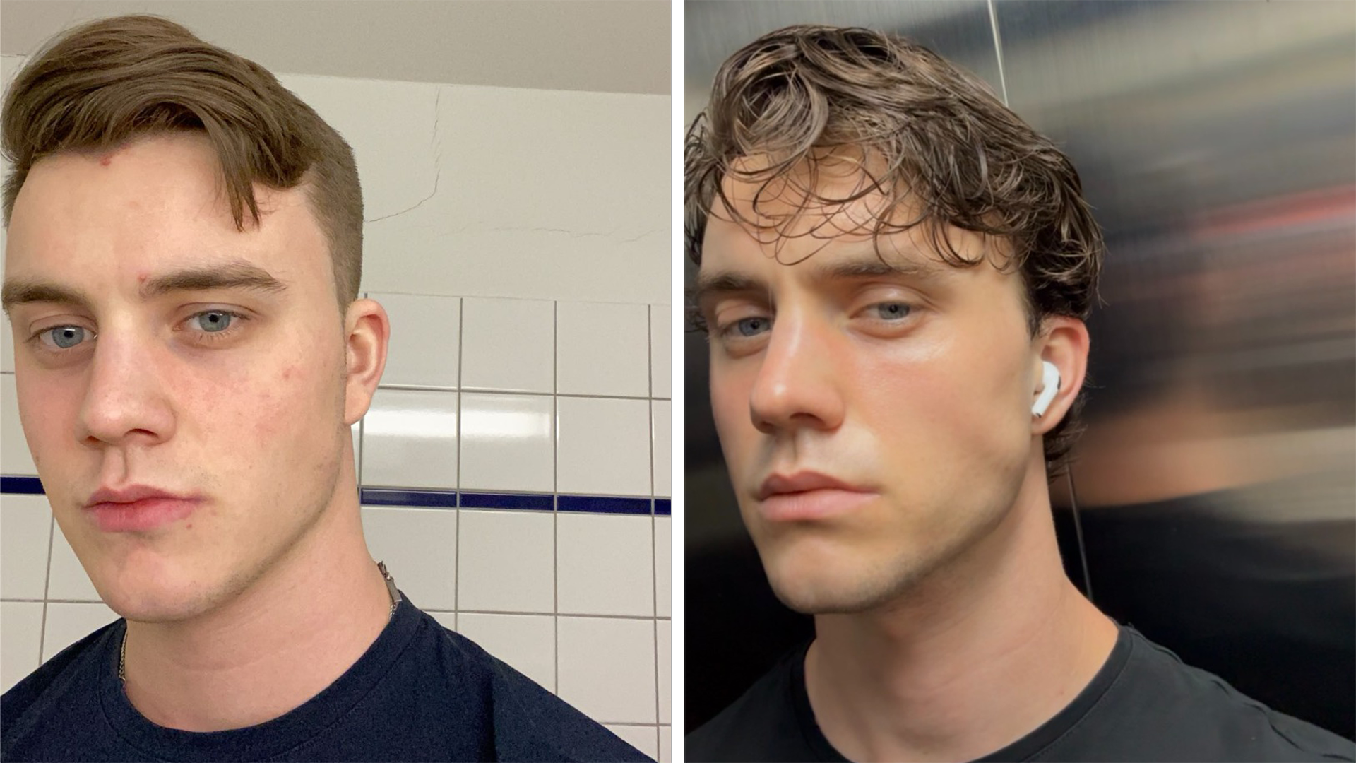 Duas fotos de Leander. &Agrave; esquerda, antes de come&ccedil;ar a trabalhar sua apar&ecirc;ncia, com o rosto mais redondo. &Agrave; direita, a foto mais recente, com a mand&iacute;bula mais afilada.