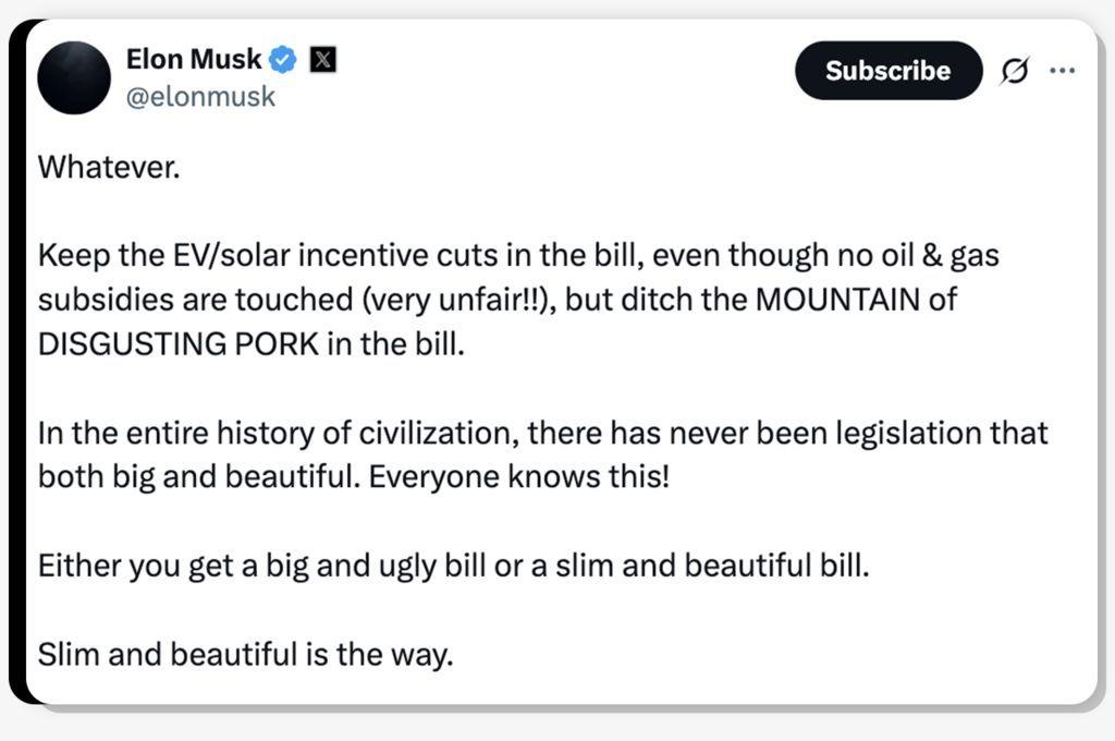 Postagem de Elon Musk no X em 5/6/2025