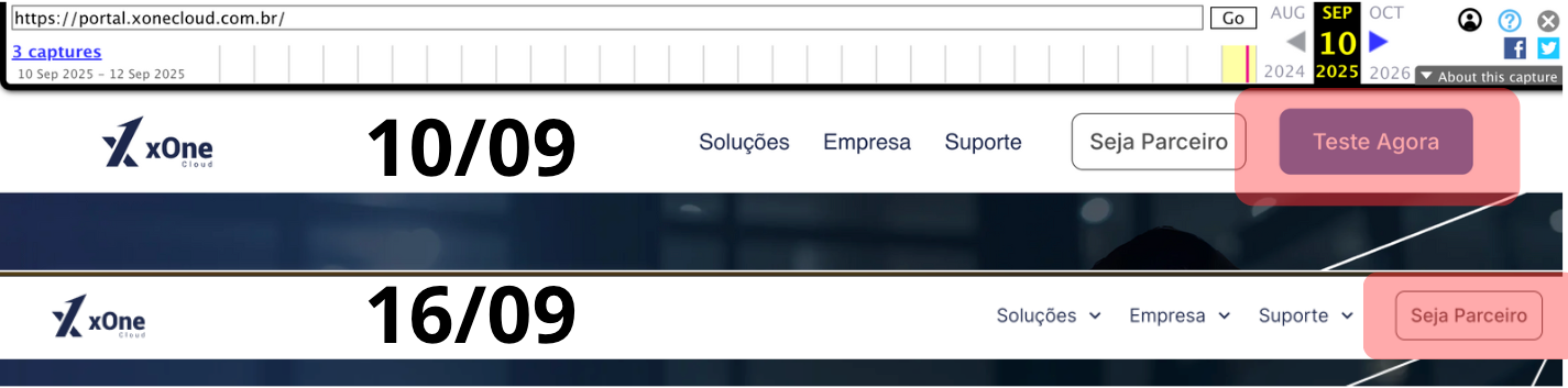 Comparação de site de software em dois dias diferentes