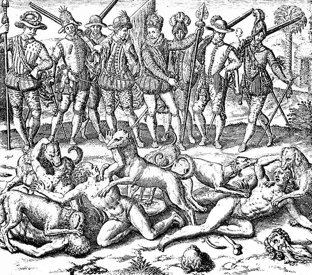 Un grabado que muestra a Vasco Núñez de Balboa y otros de su grupo militar en un ataque de perros a varias personas.