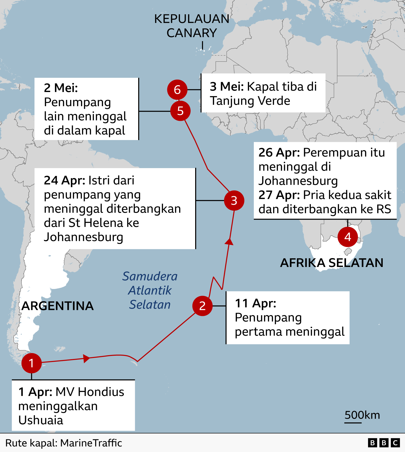 Peta perjalanan kapal pesiar MV Hondius