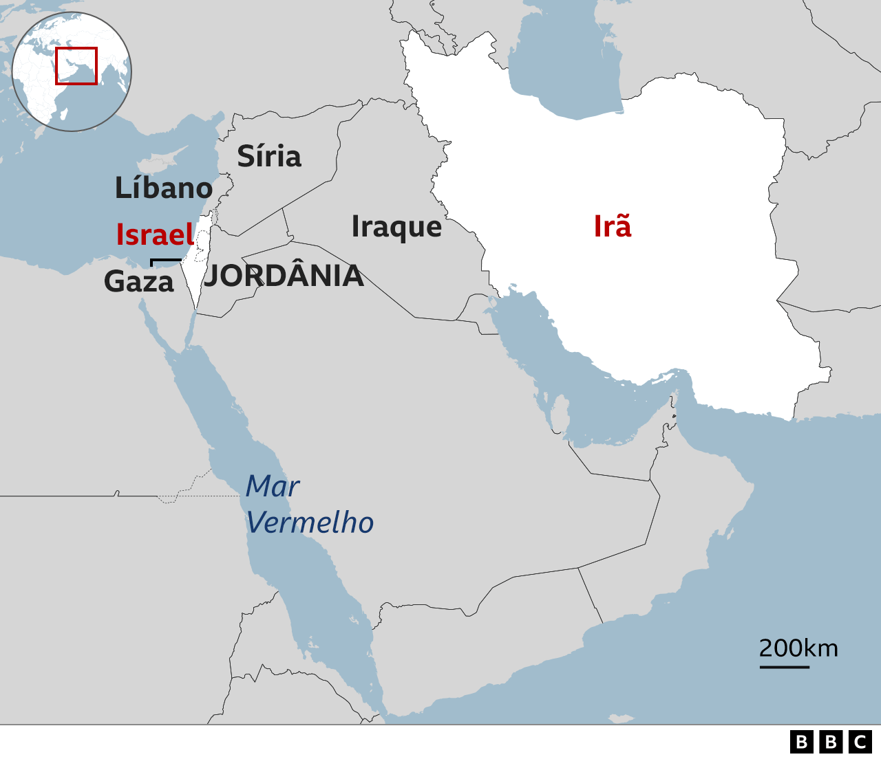 Mapa mostra Israel, Ir&atilde; e pa&iacute;ses vizinhos