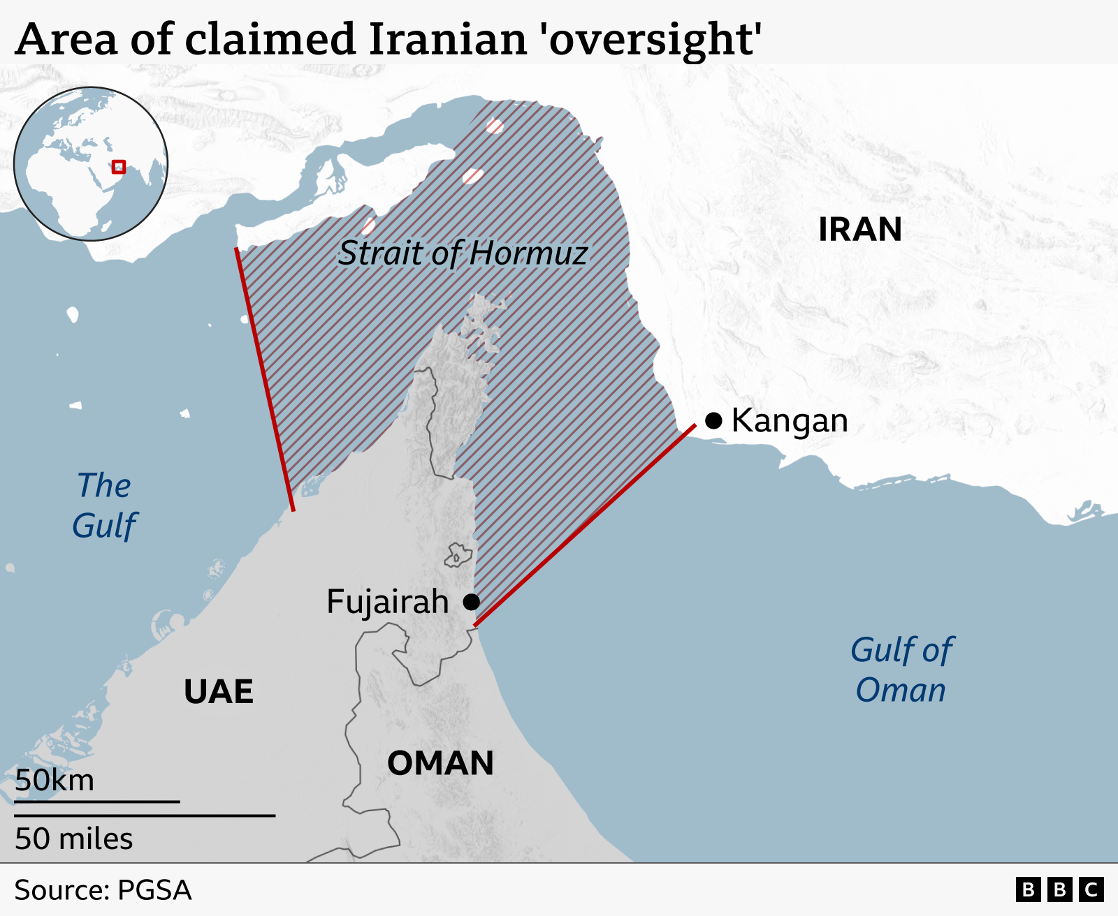 A map showing the area of claimed Iranian 