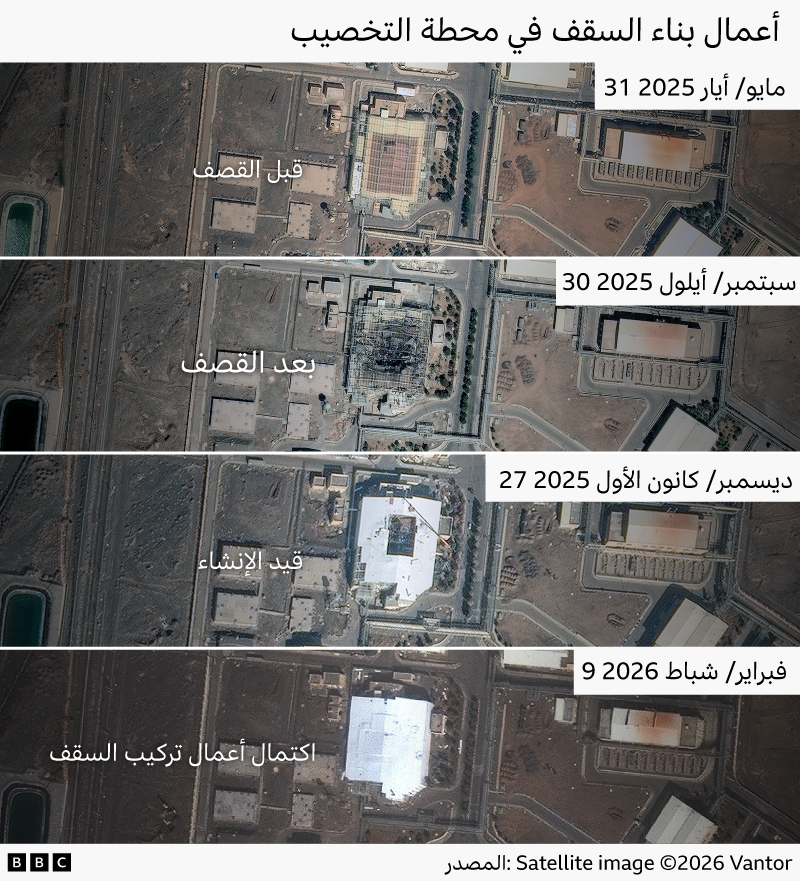  أربع صور تكشف أعمال بناء السقف في محطة نطنز للتخصيب في إيران في 31 مايو/آيار 2025، و30 سبتمبر/أيلول 2025، و27 ديسمبر/كانون الأول 2025، و9 فبراير 2026، مع التعليقات التوضيحية الخاصة بها "قبل الضربة"، و"بعد الضربة"، و"قيد الإنشاء"، و"اكتملت أعمال التكسية".