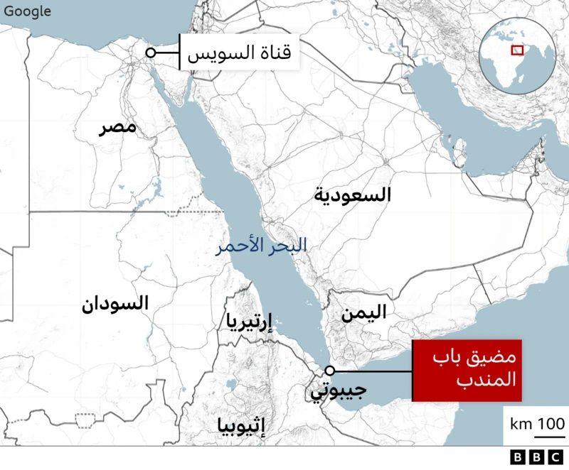 خارطة تظهر موقع مضيق باب المندب