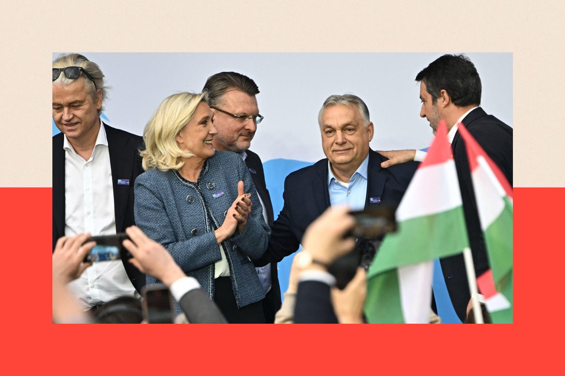 Viktor Orb&aacute;n (o 2&ordm; &agrave; direita) ao lado do vice-primeiro-ministro da It&aacute;lia, Matteo Salvini (&agrave; direita), da ex-l&iacute;der do partido franc&ecirc;s de extrema-direita Reuni&atilde;o Nacional, Marine Le Pen (a 2&ordf; &agrave; esquerda), do ex-vice-primeiro-ministro da Let&ocirc;nia, Ainars Slesers (o 3&ordm; &agrave; esquerda), e do l&iacute;der do Partido da Liberdade Holand&ecirc;s, Geert Wilders (&agrave; esquerda).