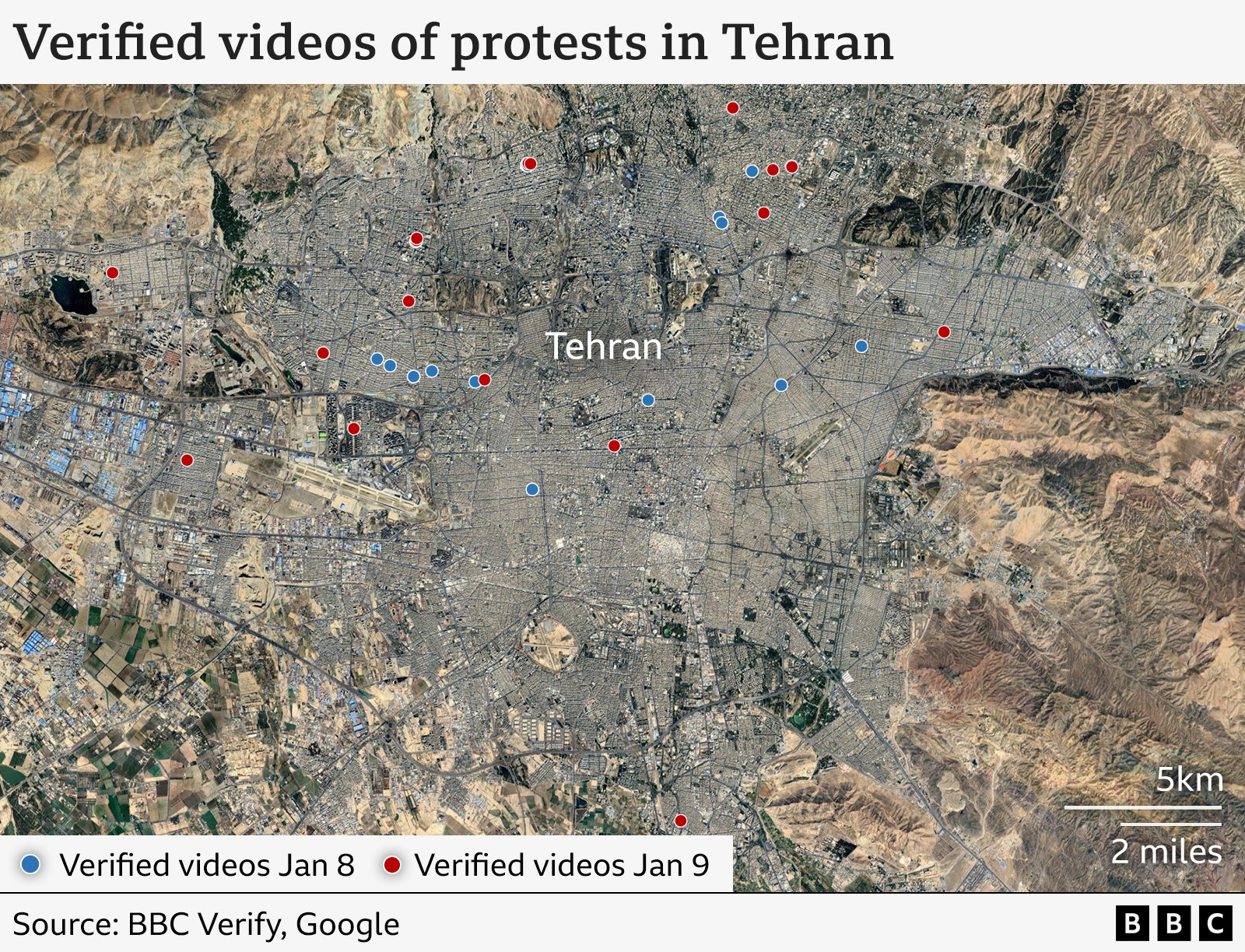 Map of Tehran with blue dots in areas where verified videos showed protests taking place on 8 Jan and red dots in areas where verified videos showed protests from 9 Jan