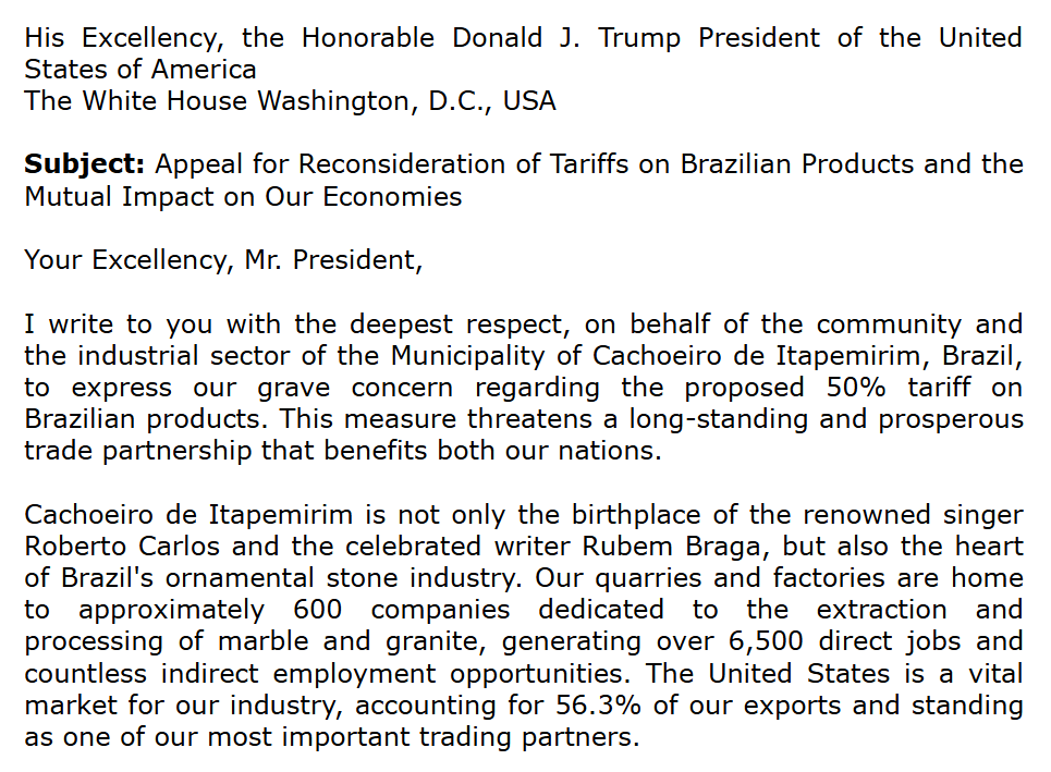 Trecho da carta enviada pela prefeitura de Cachoeiro a Trump