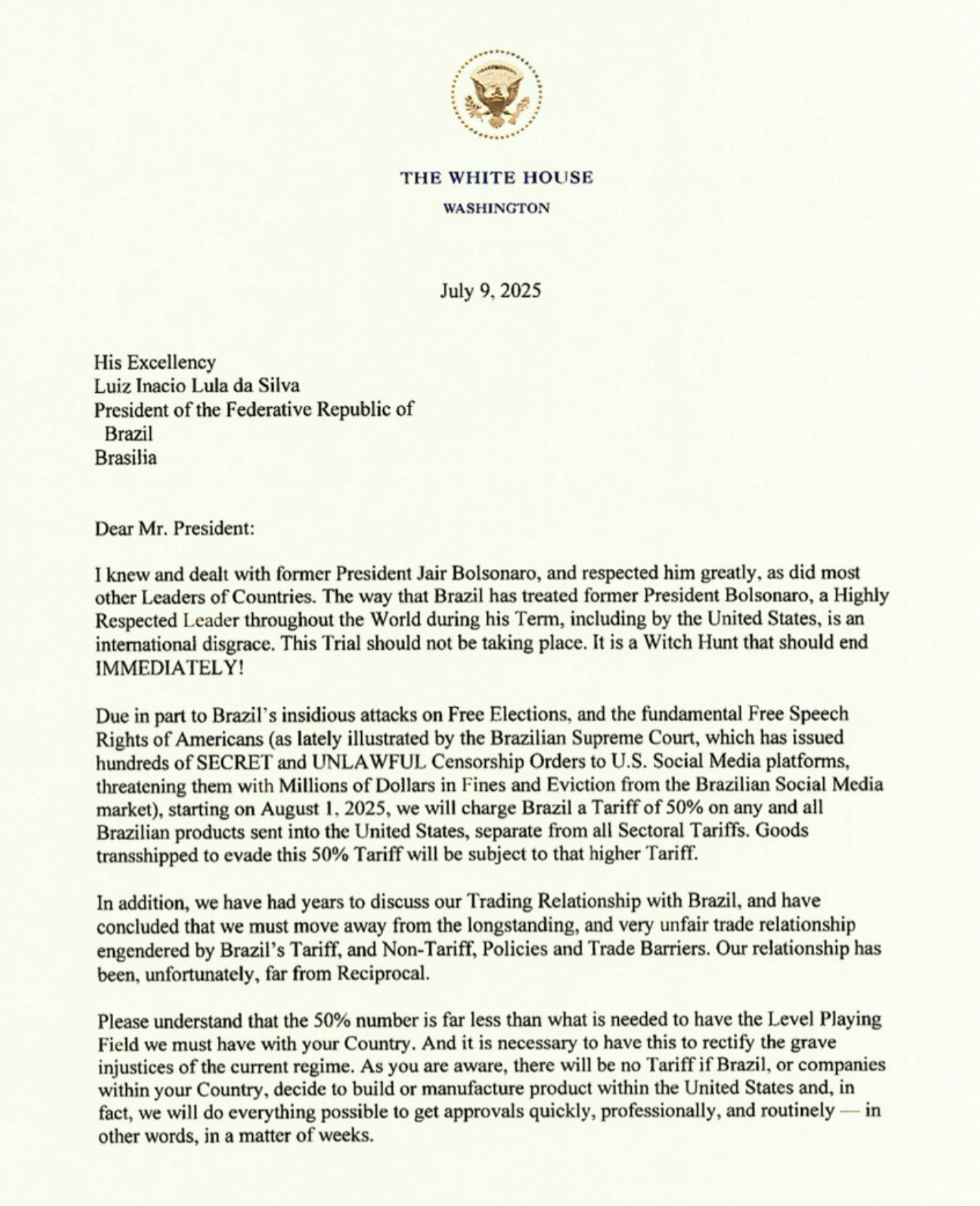 Imagem da primeira página da carta enviada por Donald Trump ao presidente Lula em que ele anuncia tarifas de 50% a qualquer produto brasileiro exportado para os Estados Unidos