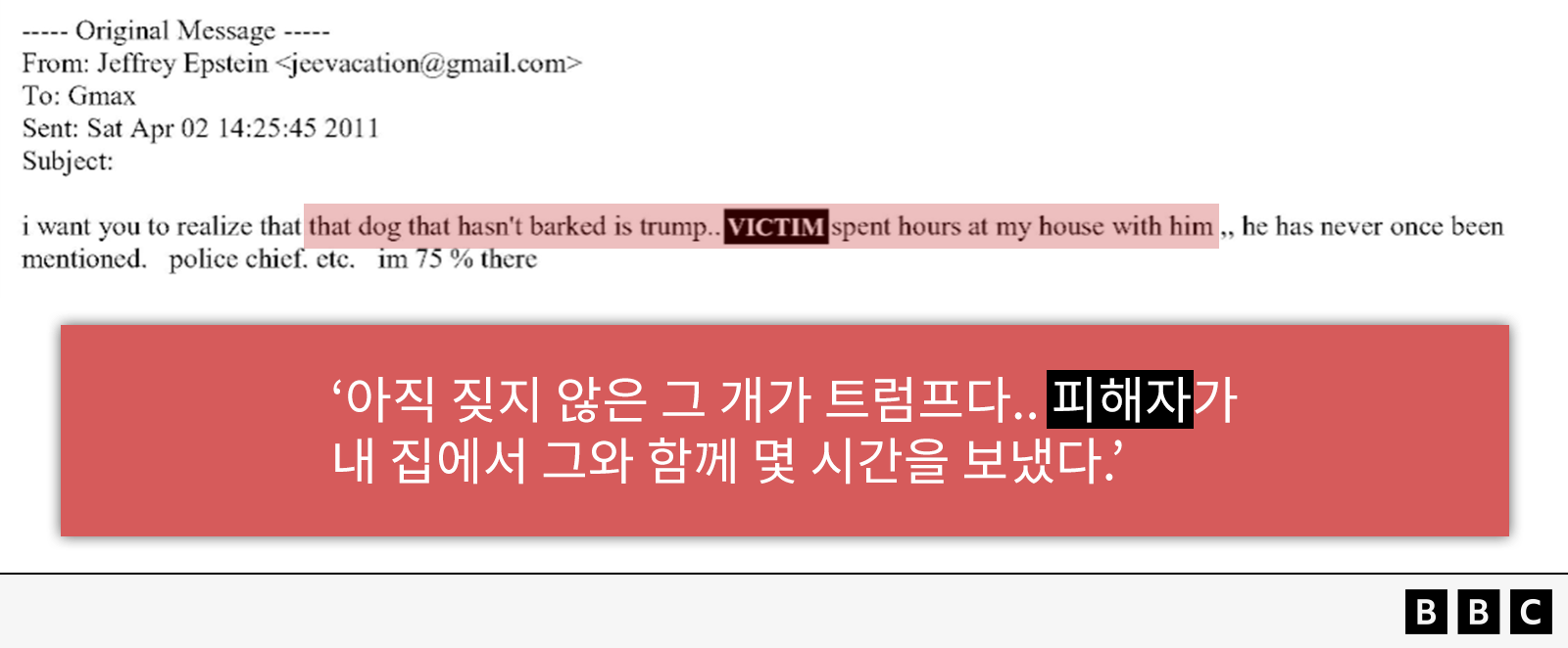 공개된 이메일 내용 중 일부. ‘아직 짖지 않은 그 개가 트럼프다.. [피해자]가 내 집에서 그와 함께 몇 시간을 보냈다.’