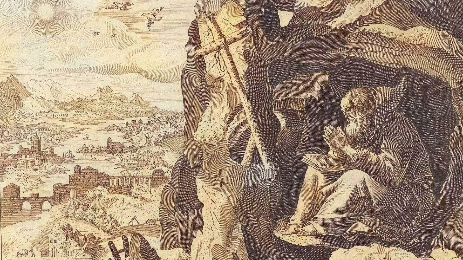 Ilustración de la epoca en sepia, se ve un hombre mayor sentado en una especie de cueva, con un libro en sus piernas, sus manos en posición de oración y hay una cruz. en perspectiva a lo lejos seve una cidad con montañas.