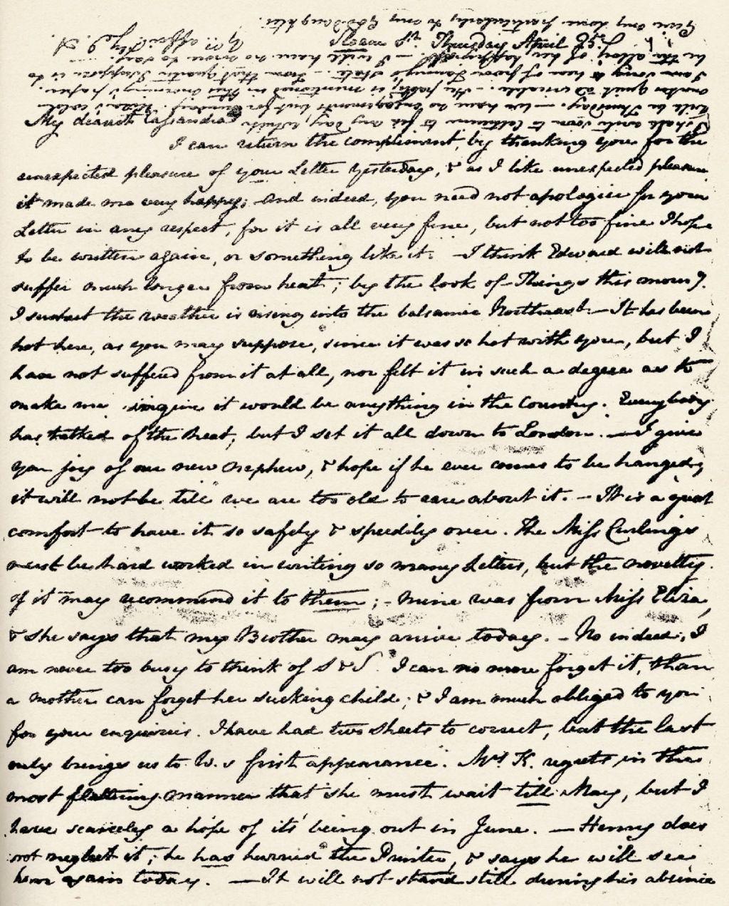 Una de las relativamente pocas cartas de Jane Austen a Cassandra que sobreviven hasta nuestros días