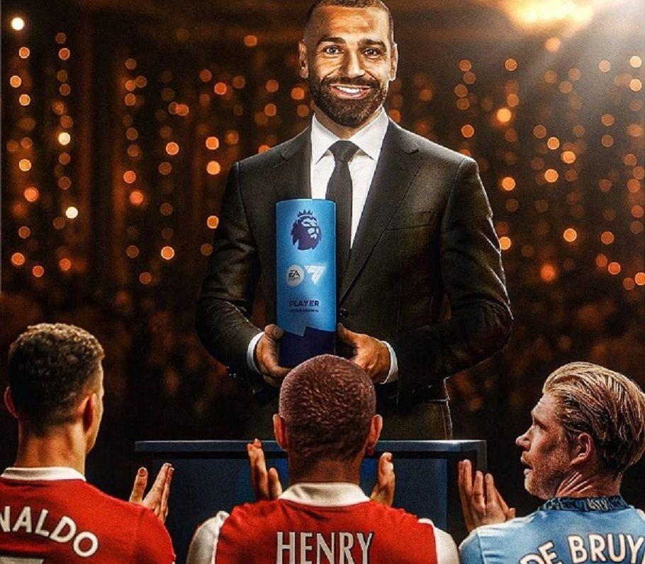 صورة مرسومة لصلاح حاملا جائزة أفضل لاعب وأمامه هنري ودي بروين ورونالدو يصفقون له