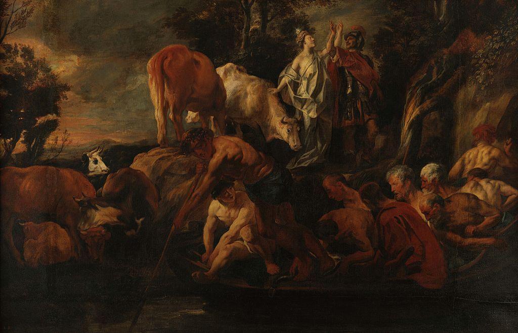 Imagem mostra Ulisses e Circe rodeado de homens, alguns transformados em animais