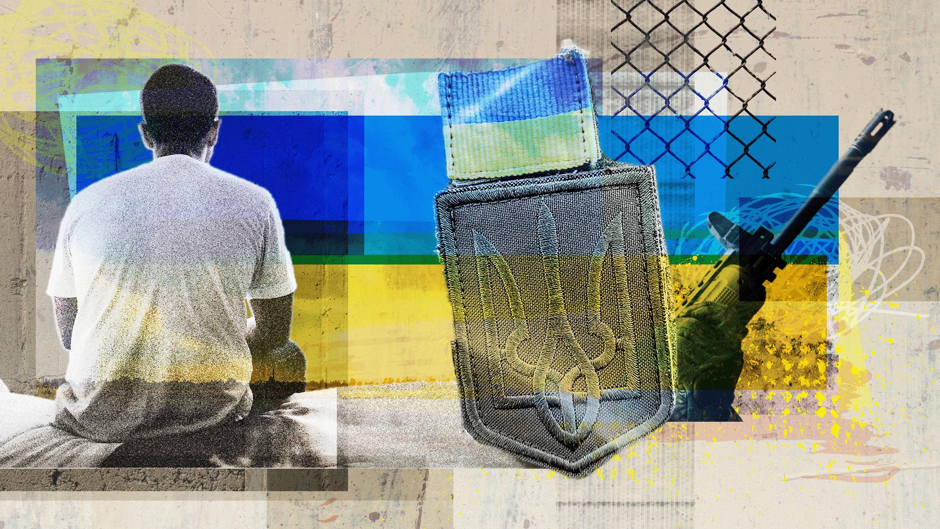 Un hombre desconocido con camiseta blanca está sentado de espaldas a la cámara. Junto a él hay un collage de la bandera y la insignia que llevan los soldados ucranianos.