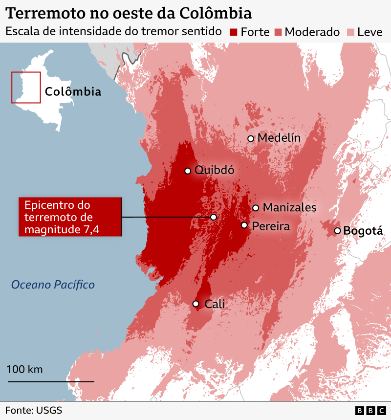 Mapa da Col&ocirc;mbia, mostrando a ampla regi&atilde;o atingida pelo terremoto