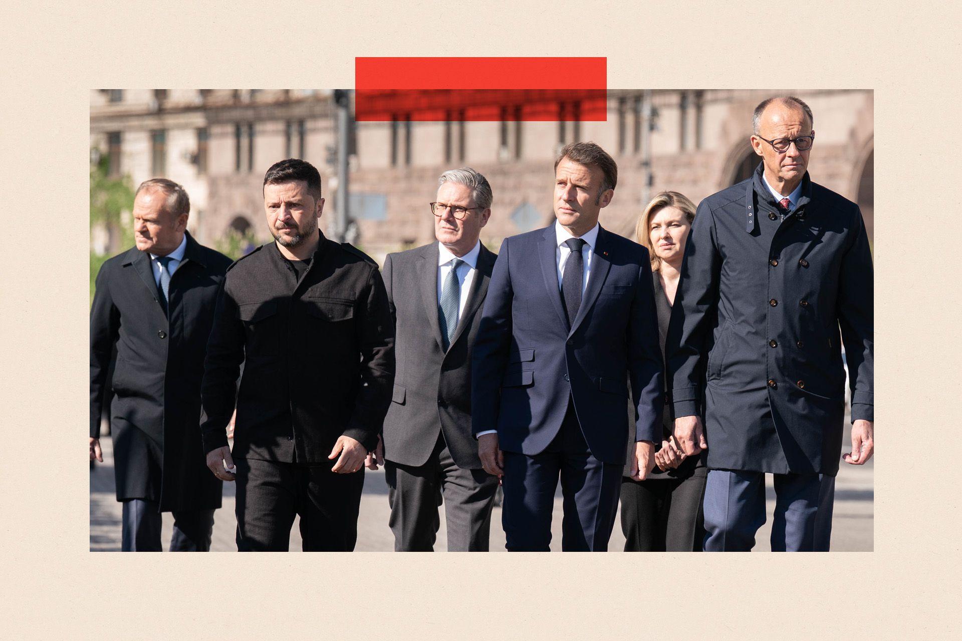 Donald Tusk, Vladimir Zelenski, Kir Starmer, Emanuel Macron, Olena Zelenski I Fridrih Marc u Kijevu