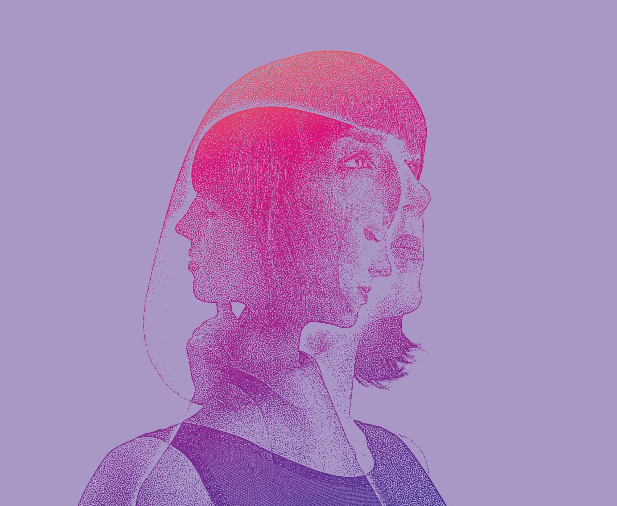 Ilustración de tres rostros de una misma mujer superpuestos con diferentes caras reflexivas.